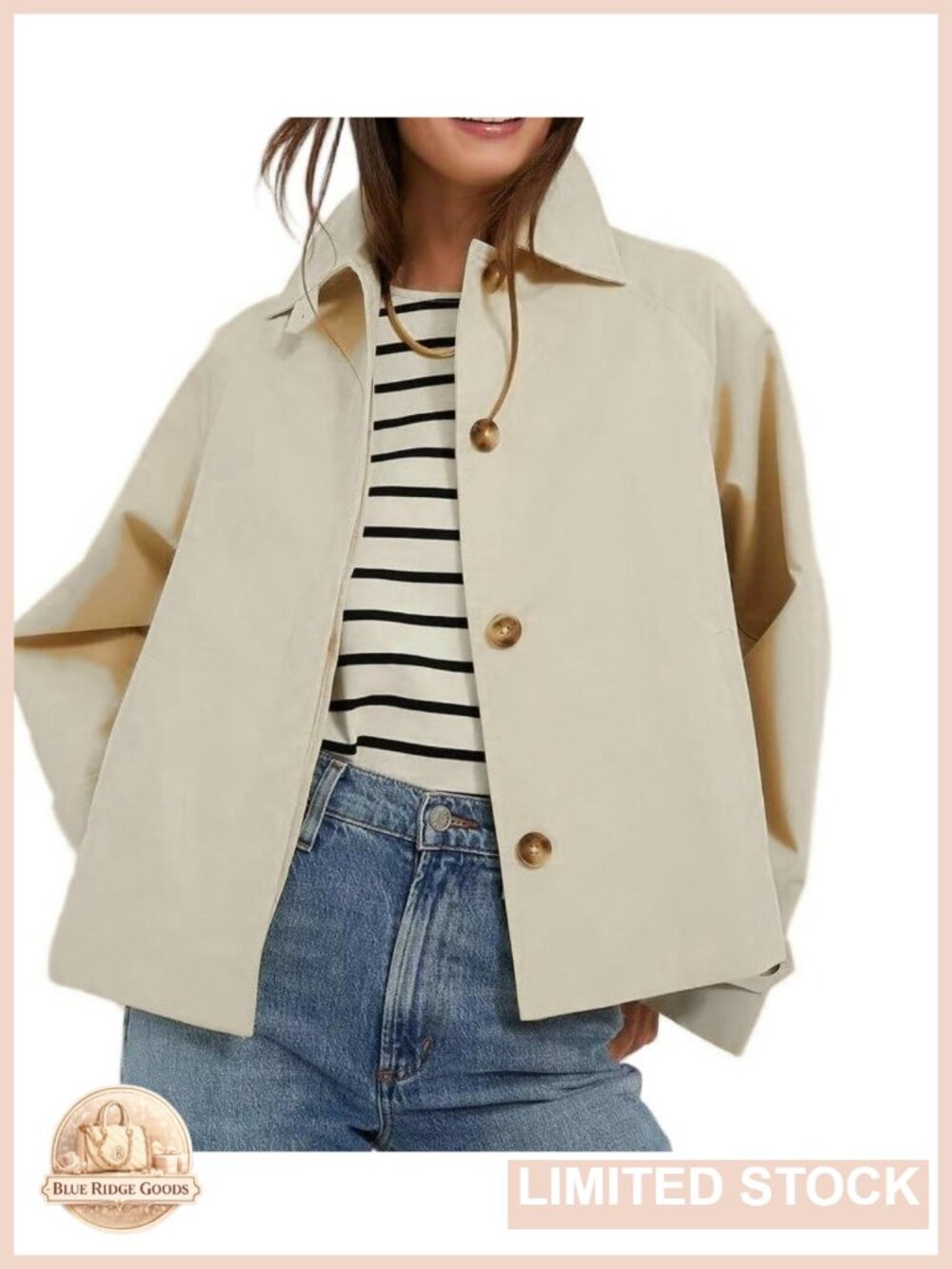 Women's Cropped Button Front Trench Jacket Relaxed Raglan Sleeves Pockets
